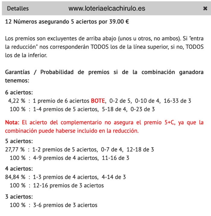 Garantías apuesta reducida Primitiva 12 números